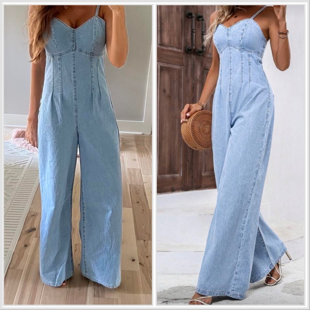 Light Blue Denim Wide-Leg Jumpsuit